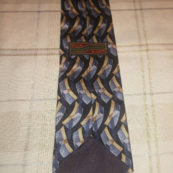 Villa Bugatti Men Tie Silk Necktie Navy Gold Blue Ornate Geometric Arch Curves - Picture 2 of 8